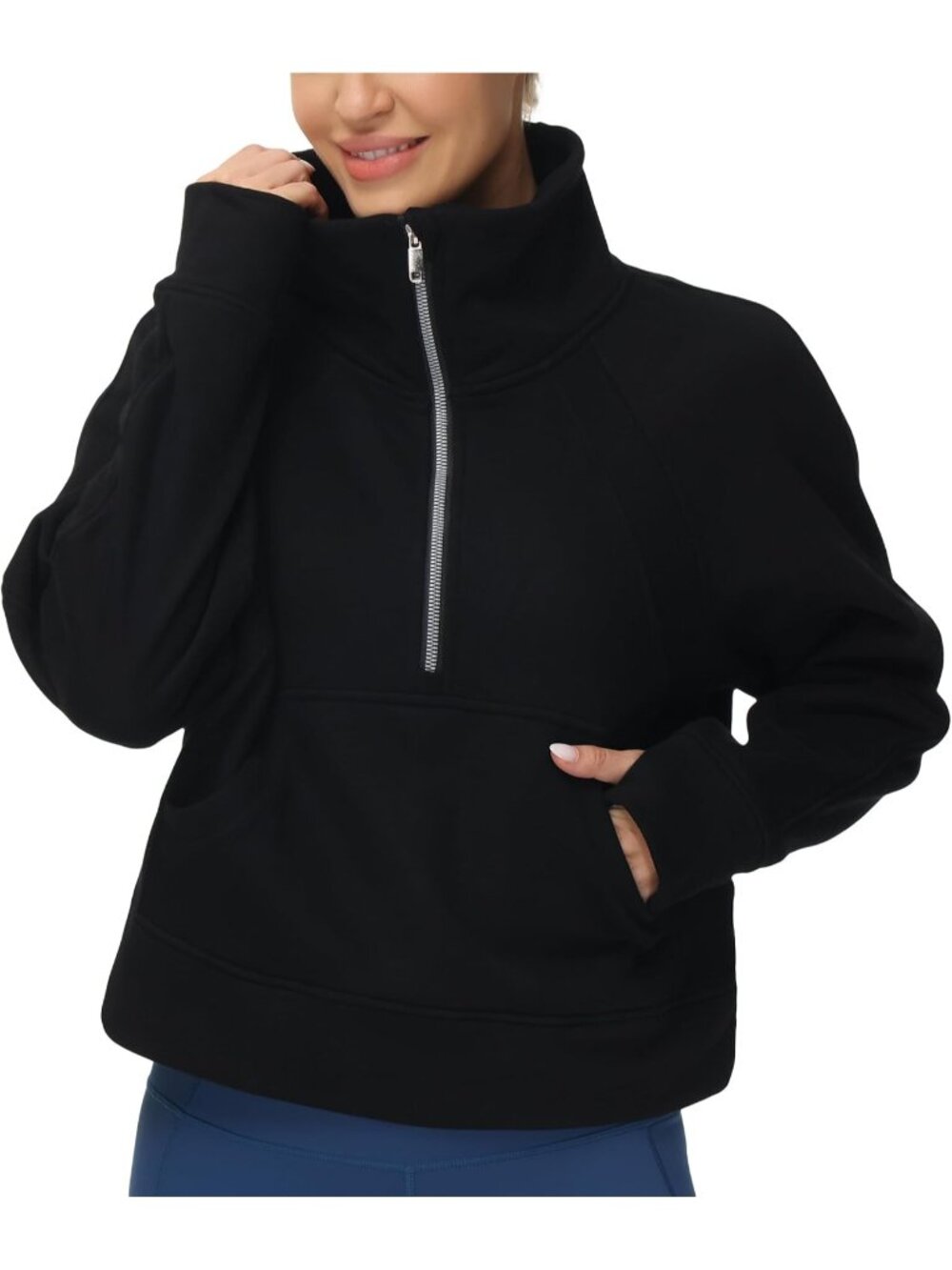 Women's Black Fleece Lined Stand Collar Half Zip Thumb Holes Crop Sweatshirt